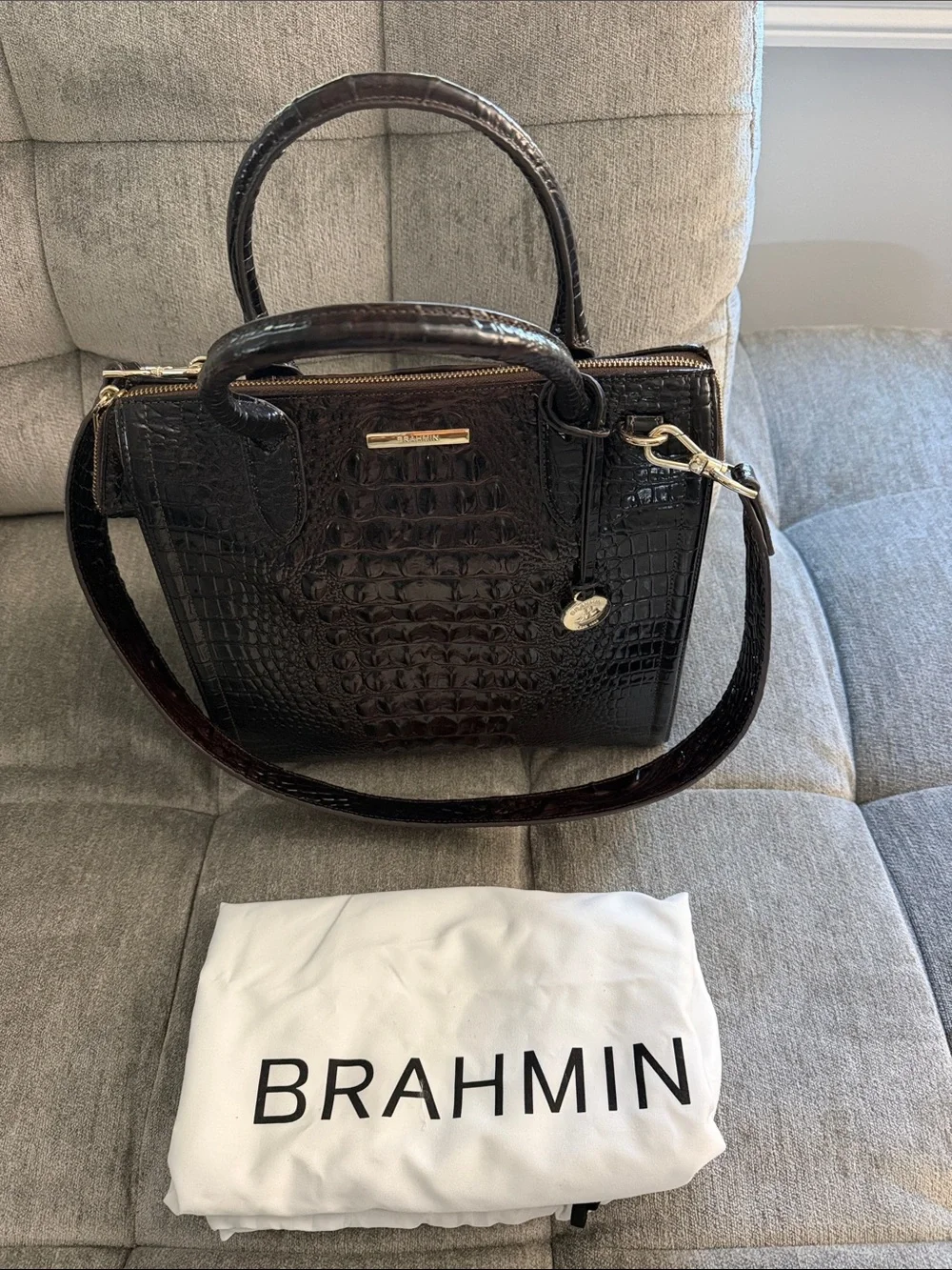 🔥Brahmin Caroline Dark Chocolate Croc-Embossed Satchel🔥